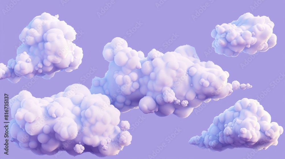 An isolated set of fluffy, white 3D clouds isolated on a lilac background. Cartoon modern illustration set of soft, round, cotton-like vapor piles floating in the sky. Beautiful nature. Ui elements An isolated set of fluffy, white 3D clouds isolated on a lilac background. Cartoon modern illustration set of soft, round, cotton-like vapor piles floating in the sky. Beautiful nature. Ui elements
