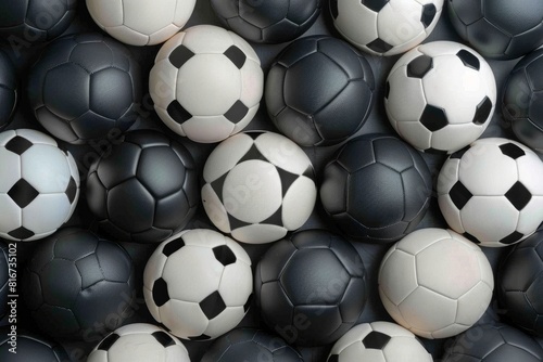 A top-down view of a row of soccer balls  alternating between black and white  arranged in an elegant display