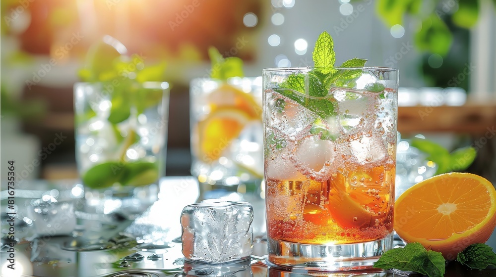 Refreshing drinks on the table with ice cube bucket. Generative AI. Refreshing drinks on the table with ice cube bucket. Generative AI.