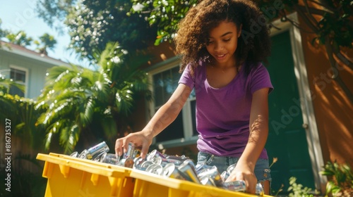 Young Girl Sorting Recyclables Outdoors photo