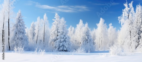 A winter forest on a clear cold day with a vivid blue sky in the backdrop providing ample room for a copy space image © vxnaghiyev