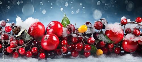 Fototapeta Naklejka Na Ścianę i Meble -  A vibrant Christmas themed close up with garlands decorations a Christmas tree snow berries fruits toys and ice creating an abstract and festive copy space image