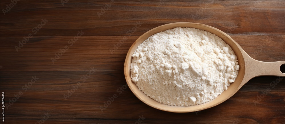 A wooden plate with a scoop of whey protein and a measuring tape viewed from the top creating a copy space image A wooden plate with a scoop of whey protein and a measuring tape viewed from the top creating a copy space image