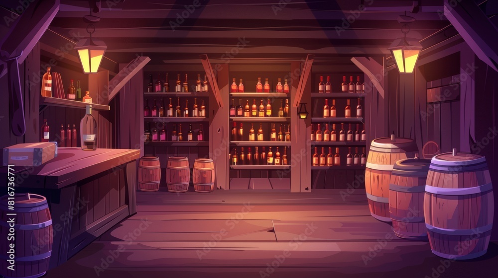 A cellar interior with wooden shelves and wine racks. A store in a basement with glowing lamps and wood boards on the walls. Cartoon modern illustration. A cellar interior with wooden shelves and wine racks. A store in a basement with glowing lamps and wood boards on the walls. Cartoon modern illustration.