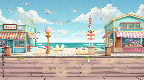 A coastal boardwalk with ice cream shops illustration photo