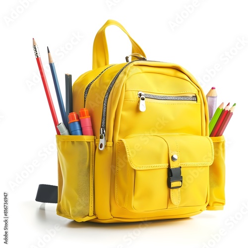 school backpack with school supplies, A Yellow Leather Isolated School Backpack And Travel Bag On A Transparent Background , bag, briefcase, leather, case, suitcase, business, handbag, travel, object,
