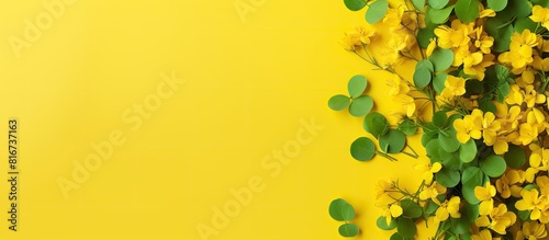 A yellow background with clover flowers and room for text. with copy space image. Place for adding text or design