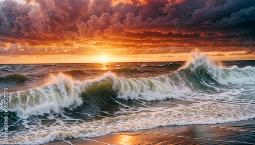 A picturesque beach scene with waves breaking on the shore at sunset against a backdrop of vibrant  dramatic clouds. 