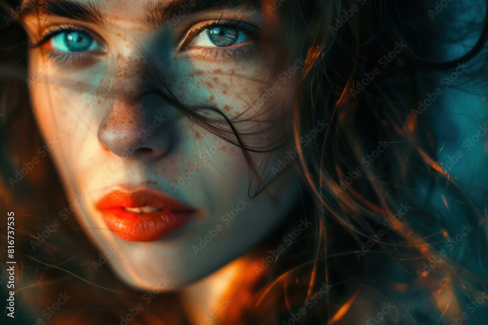 Closeup on a woman's face featuring striking blue eyes and windblown hair, bathed in warm light Closeup on a woman's face featuring striking blue eyes and windblown hair, bathed in warm light