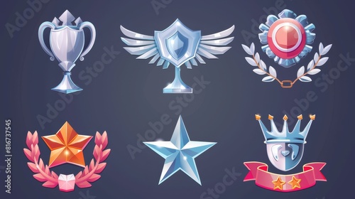 Award trophy with wings, laurel, and crown for user experience and ranking. Isolated bonus, reward, achievement, and prize modern illustration.
