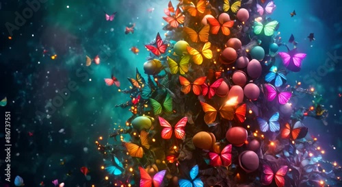Christmas tree adorned with cocoons as ornaments, from which rainbow-colored butterflies emerge, bringing the scene to life photo