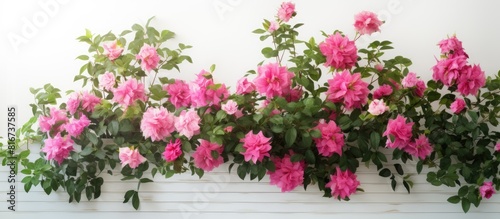 A stunning arrangement of pink flowers with vibrant green leaves gracefully adorns the white wall creating a captivating copy space image