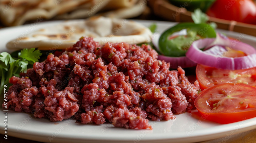 Authentic african dish kitfo, finely diced raw beef seasoned with spices, served with vegetables and flatbread on a wooden table Authentic african dish kitfo, finely diced raw beef seasoned with spices, served with vegetables and flatbread on a wooden table