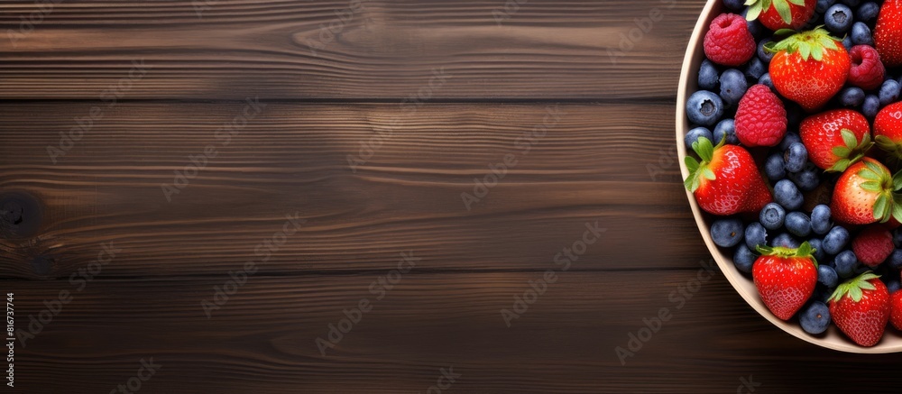 A view from above of a wooden table with a bowl of blueberries and strawberries creating a delightful copy space image A view from above of a wooden table with a bowl of blueberries and strawberries creating a delightful copy space image