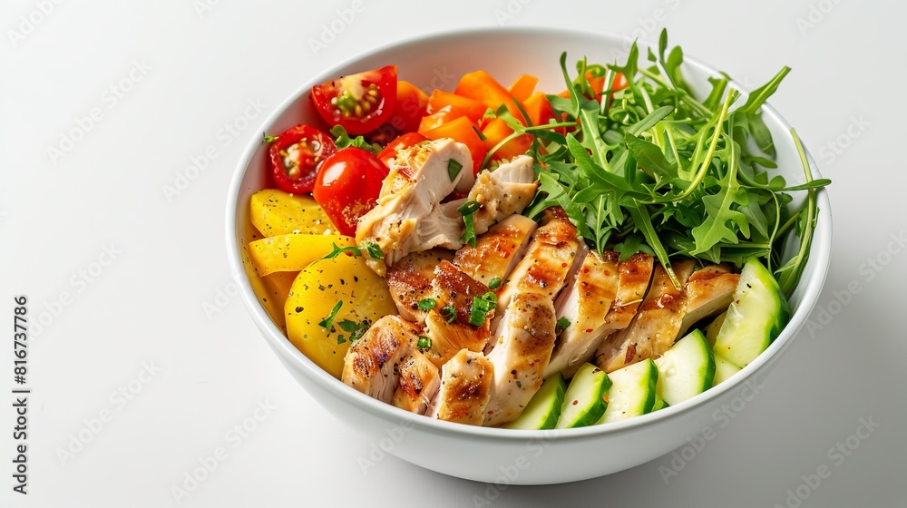 A bowl of food with chicken, tomatoes, cucumbers, and carrots A bowl of food with chicken, tomatoes, cucumbers, and carrots