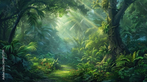 lush tropical rainforest, with dense canopy covering the landscape photo