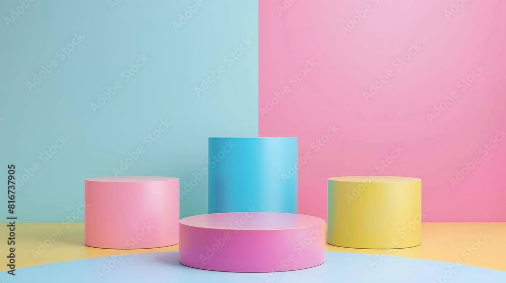 A colorful display of four round pedestals, each with a different color A colorful display of four round pedestals, each with a different color