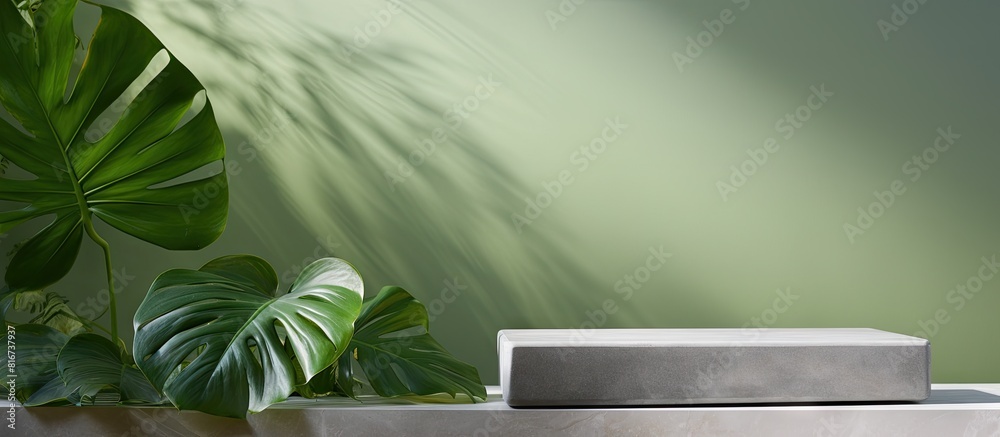 A copy space image showcasing an empty gray stone podium against a green background with a tropical leaf shadow Ideal for promoting products beauty and natural eco cosmetics