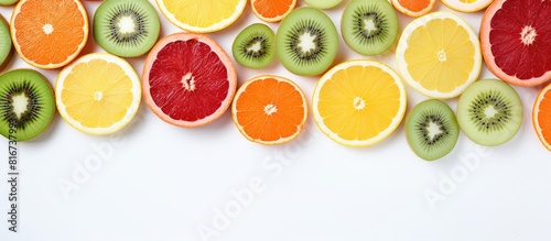 The image shows a vibrant arrangement of kiwi red orange tangerines and grapefruit slices on a pale gray backdrop There is empty space on the side for designing The perspective is from above