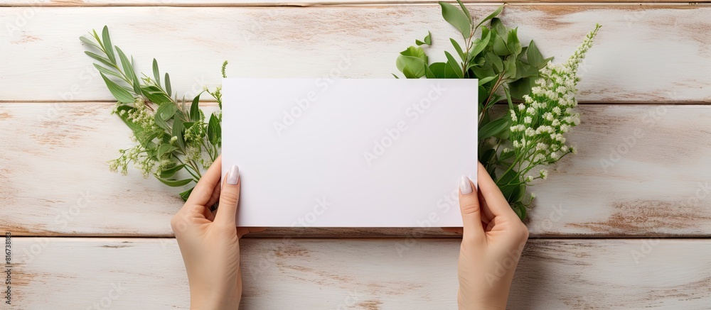 A copy space image of a woman s hands holding a blank sheet of paper accompanied by green branches against a light wooden background A copy space image of a woman s hands holding a blank sheet of paper accompanied by green branches against a light wooden background