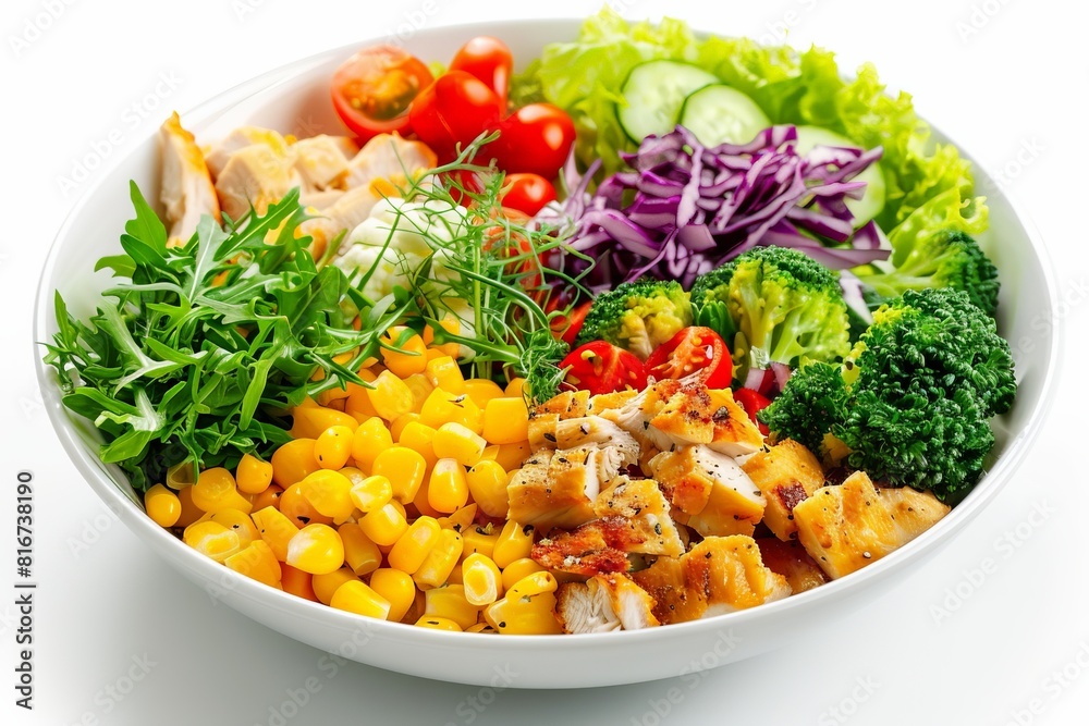 A colorful salad with a variety of vegetables and chicken A colorful salad with a variety of vegetables and chicken