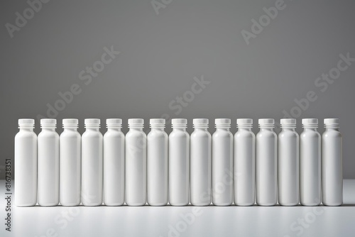 A row of white bottles lined up on a table