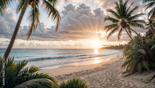 A tropical beach landscape at sunset. Palm trees on a sandy tropical beach under dramatic clouds. Tropical paradise wallpaper.