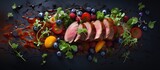 Top view of a visually appealing main dish consisting of succulent duck breast a vibrant assortment of vegetables drizzled with a delectable berry sauce all complemented by delicate microgreens on a
