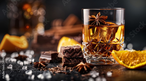 Glass of luxury whiskey with citrus fruit, piece of chocolate, anise star, barley grain. Adv Concept. Generative AI © AngrySun