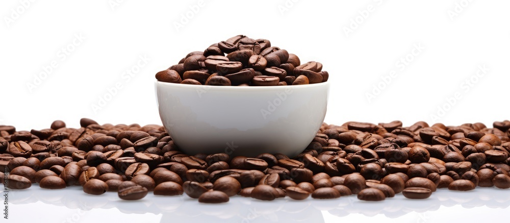 A cup of roasted coffee beans on a white background with plenty of copy space for other elements of your design A cup of roasted coffee beans on a white background with plenty of copy space for other elements of your design