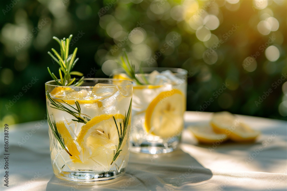 Glass with hard seltzer, sliced lemon and ice served with rosemary outdoor, sunlight shadow. Summer refreshment concept. Minimal style. Glass with hard seltzer, sliced lemon and ice served with rosemary outdoor, sunlight shadow. Summer refreshment concept. Minimal style.