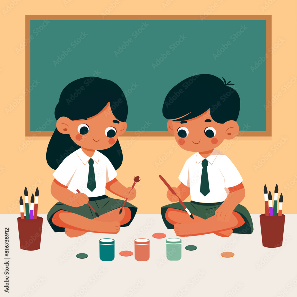 Fototapeta premium Indian school kids painting inside a classroom