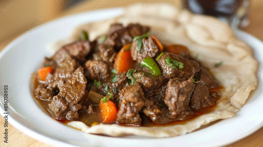 African beef stew with carrots and green beans presented on a white plate with flatbread on a rustic wooden table African beef stew with carrots and green beans presented on a white plate with flatbread on a rustic wooden table
