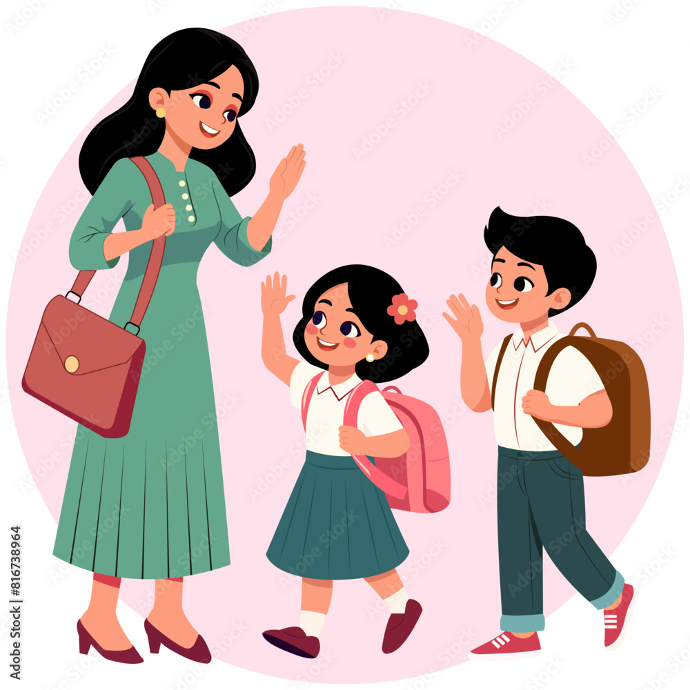 Indian school kids waving bye to their mother and going to school Indian school kids waving bye to their mother and going to school