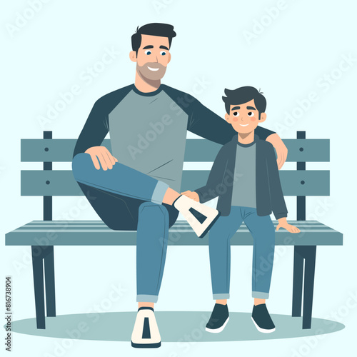 Illustration of an Indian Father and Son sitting on a wooden bench and bonding with each other on Father's Day