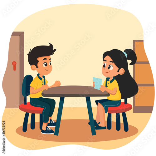Indian school kids sitting across each other and talking