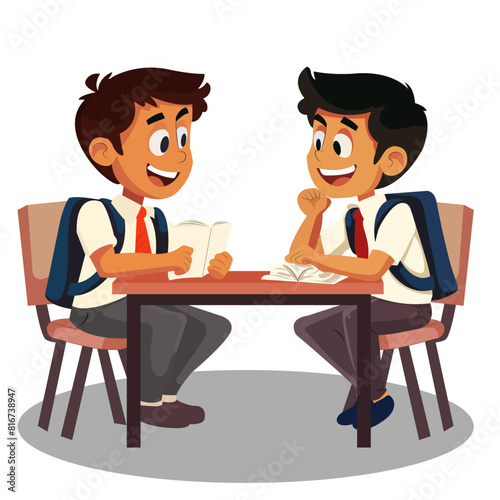 Indian school kids sitting across each other and talking