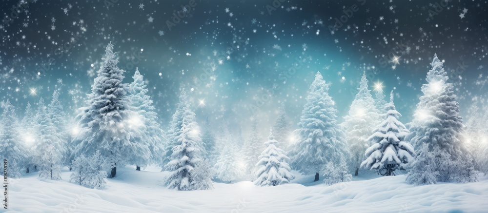 Snowing in a winter forest with Christmas trees creates a natural background The wide format image offers ample copy space to enhance its versatility