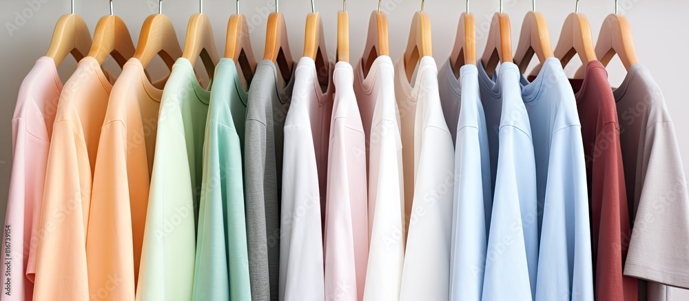 A variety of pastel colored t shirts are neatly arranged on a wooden hanger in a closet or clothing rack against a white background creating a visually appealing copy space image A variety of pastel colored t shirts are neatly arranged on a wooden hanger in a closet or clothing rack against a white background creating a visually appealing copy space image