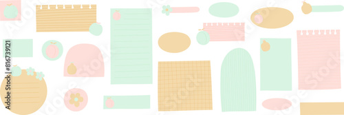 Digital bullet journal blank paper notes. Cute pastel text boxes for digital planning. Fruits sticky notes for digital planner and organizer. Patel note papers. Vector illustration