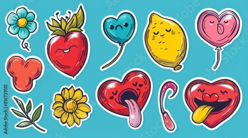 An illustration with a bunch of retro-style stickers, including balloons, flowers, lemons, hearts, shaka gestures, tongue patches, and lip patches. photo
