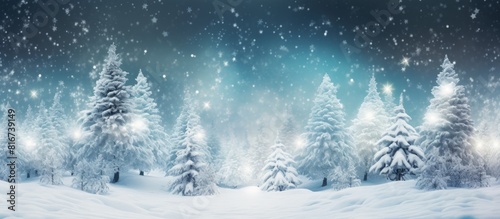 Snowing in a winter forest with Christmas trees creates a natural background The wide format image offers ample copy space to enhance its versatility