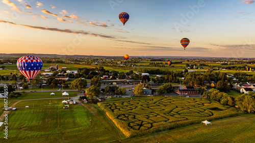 Fotografía Aerial View of Multiple Hot Air Balloons Floating Away in Rural Pennsylvania at