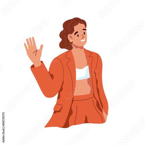 Happy girl in costume gesturing Welcome. Young woman raises arm to waving with hand. Friendly person with smile face greeting or says goodbye. Flat isolated vector illustration on white background