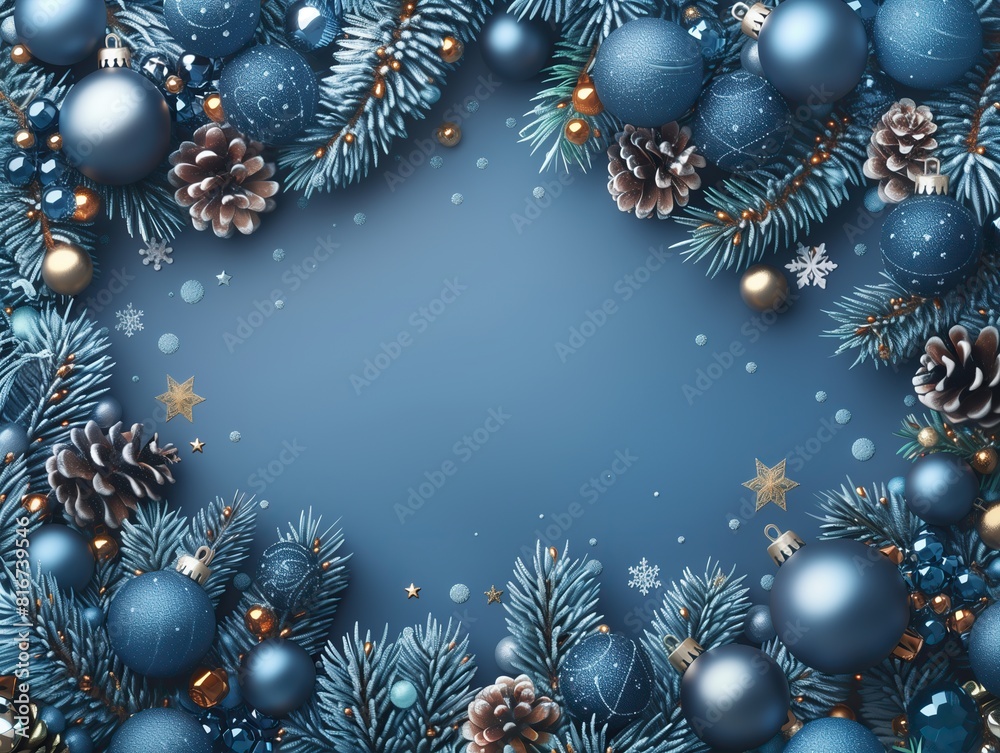 Christmas blue background for card, banner, web. Snowflakes, New Year's balls, stars, cones, fir branches 2026 - 2027. New Year celebration.