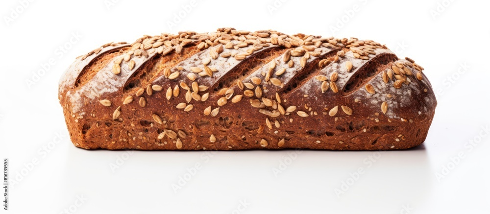 A top view image of a rye dark bread loaf with grain and sunflower seeds isolated on a white background featuring copy space A top view image of a rye dark bread loaf with grain and sunflower seeds isolated on a white background featuring copy space