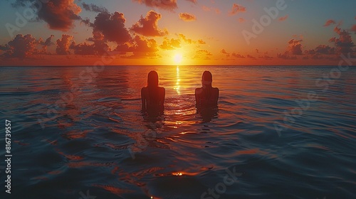 The silhouette of two people in the water  enjoying the magnificent view of a palm tree and the sunset in a serene setting