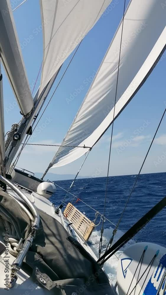 A yacht under sail rushes through the water on a sunny summer day. Vertical Video A yacht under sail rushes through the water on a sunny summer day. Vertical Video
