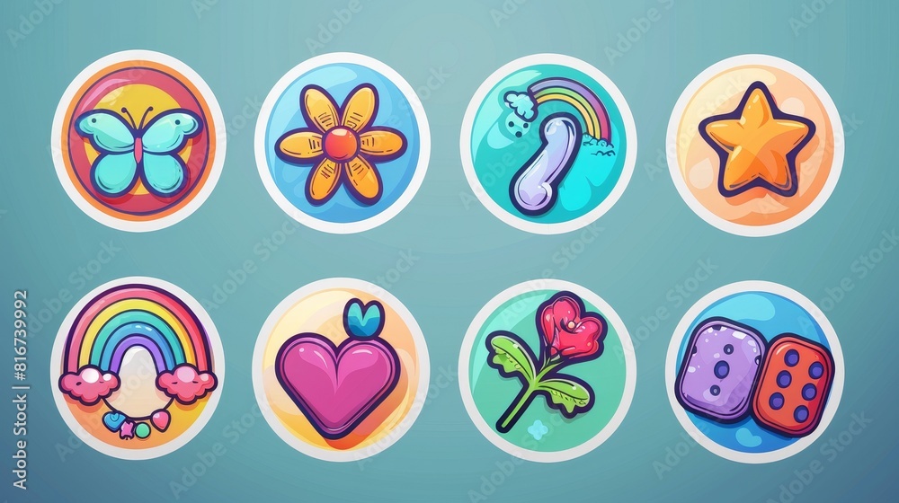 Greeting cards with hippie characters, flowers, butterflies, rainbows, ice cream, peace signs, and dice. A set of vintage circle stickers with funky symbols in a contemporary design. Greeting cards with hippie characters, flowers, butterflies, rainbows, ice cream, peace signs, and dice. A set of vintage circle stickers with funky symbols in a contemporary design.