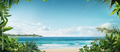 A stunning beach backdrop with exotic greenery perfect for a copy space image